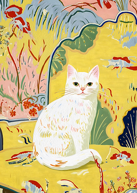 White Cat in a Floral Garden