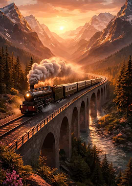 Steam Train on a Bridge at Sunset