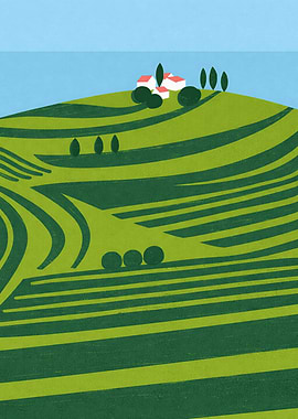 Rolling Hills with Houses and Trees