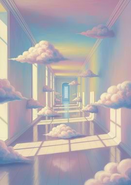 Surreal Hallway with Floating Clouds