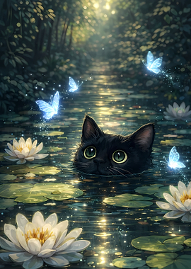 Black Cat in a Lily Pond