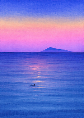 Two people swimming at sunset