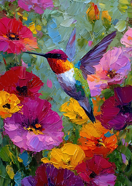 Hummingbird Among Colorful Flowers