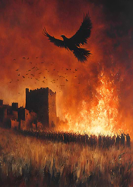 Raven over burning castle and army