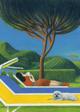 Woman Reading on Lounge Chair with Dog