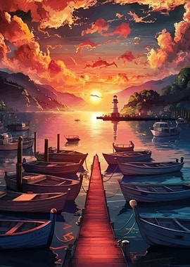 Sunset Harbor with Boats and Lighthouse