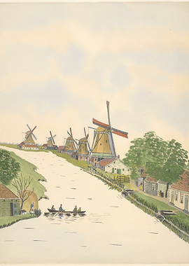 Dutch Windmills and Canal Scene