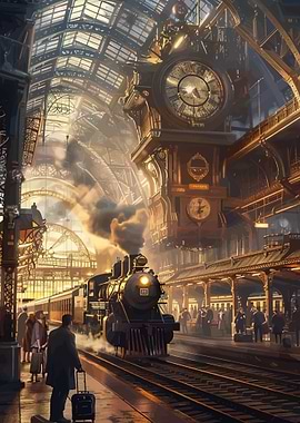 Steampunk Train Station at Sunset