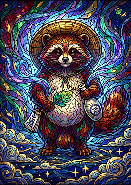 Stained Glass Raccoon or tanuki with Sake
