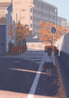 Girl walking in autumn city street