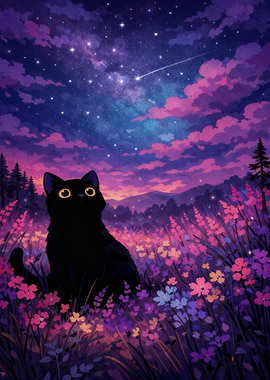 Black Cat in a Starry Meadow
