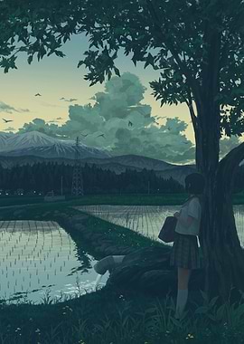 Girl in school uniform by rice paddies