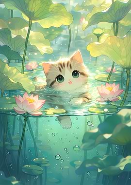 Cute Kitten Swimming Among Lotus Flowers