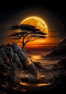 African Sunset Landscape with Tree