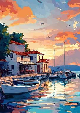 Coastal Village at Sunset