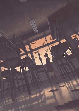 Girl in classroom with birds outside