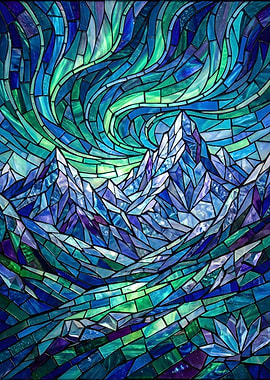 Stained Glass Aurora Borealis Over Mountains