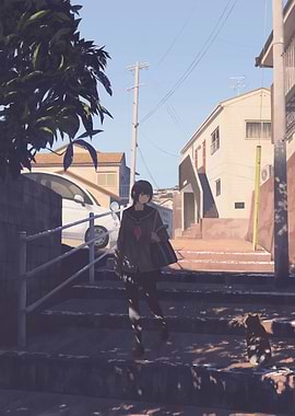 Anime girl walking down stairs with cat