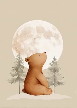 Cute Bear Moon Nursery Woodland Illustration