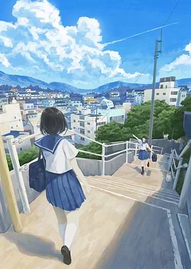 Girls in school uniforms on stairs