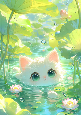 Cute Cat in Lotus Pond