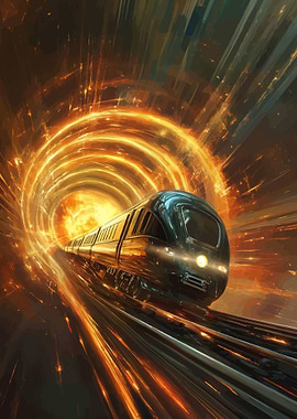 Train traveling through a fiery portal