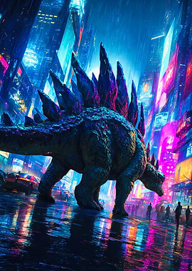 Cyberpunk Stegosaurus In Neon City