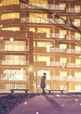 Girl with Umbrella in Snowy Cityscape