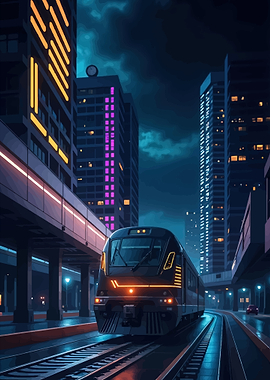 Futuristic Train in a Neon City
