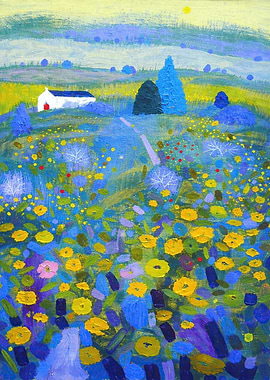 Impressionistic Field with House and Trees