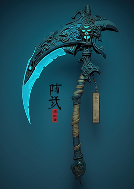 Fantasy Scythe with Skull and Glowing Blade