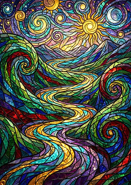 Stained Glass Landscape with Sun and Moon