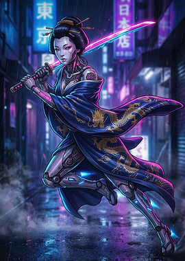 Cyberpunk Geisha with Neon Sword