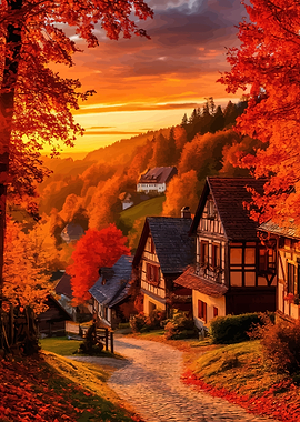 Autumn Village at Sunset