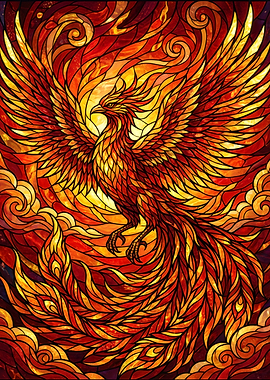 Stained Glass Phoenix in Flames