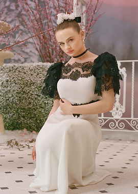 Actress Joey King in a White and Black Gown
