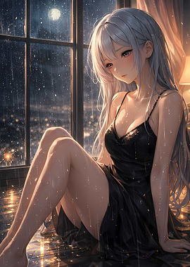 Anime Girl in Black Dress by Window