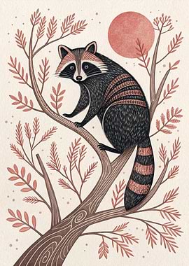 Raccoon in a Tree with Red Moon