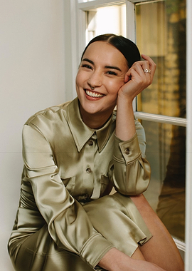 jessie mei li in satin shirt by window