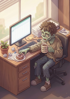 Zombie at Desk with Coffee and Donut