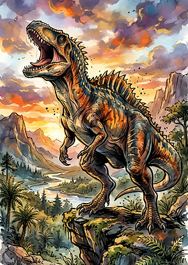 Roaring Dinosaur in a Prehistoric Landscape