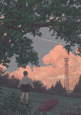 Girl looking at sunset with radio tower