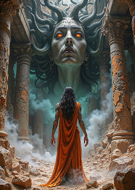 Dark Fantasy Medusa against Warrior Woman in Ruins