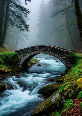 Stone bridge over flowing river misty forest