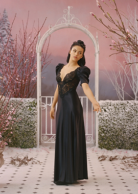 camila mendes in Black Lace Dress in Winter Garden