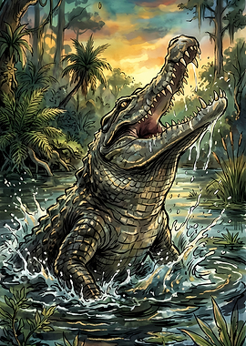 Alligator emerging from swamp at sunset