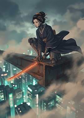 Cyberpunk Geisha with Glowing Katana