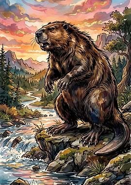 Beaver by a Mountain Stream at Sunset