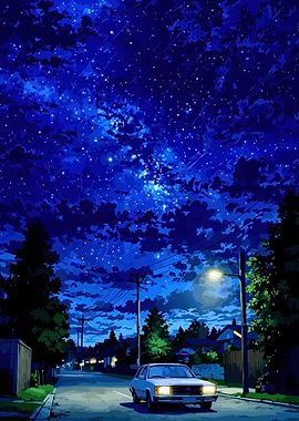 Car driving under starry night sky