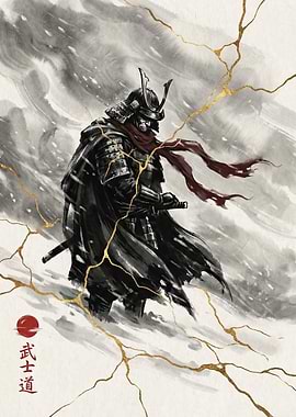 Samurai in Snow with Gold Kintsugi